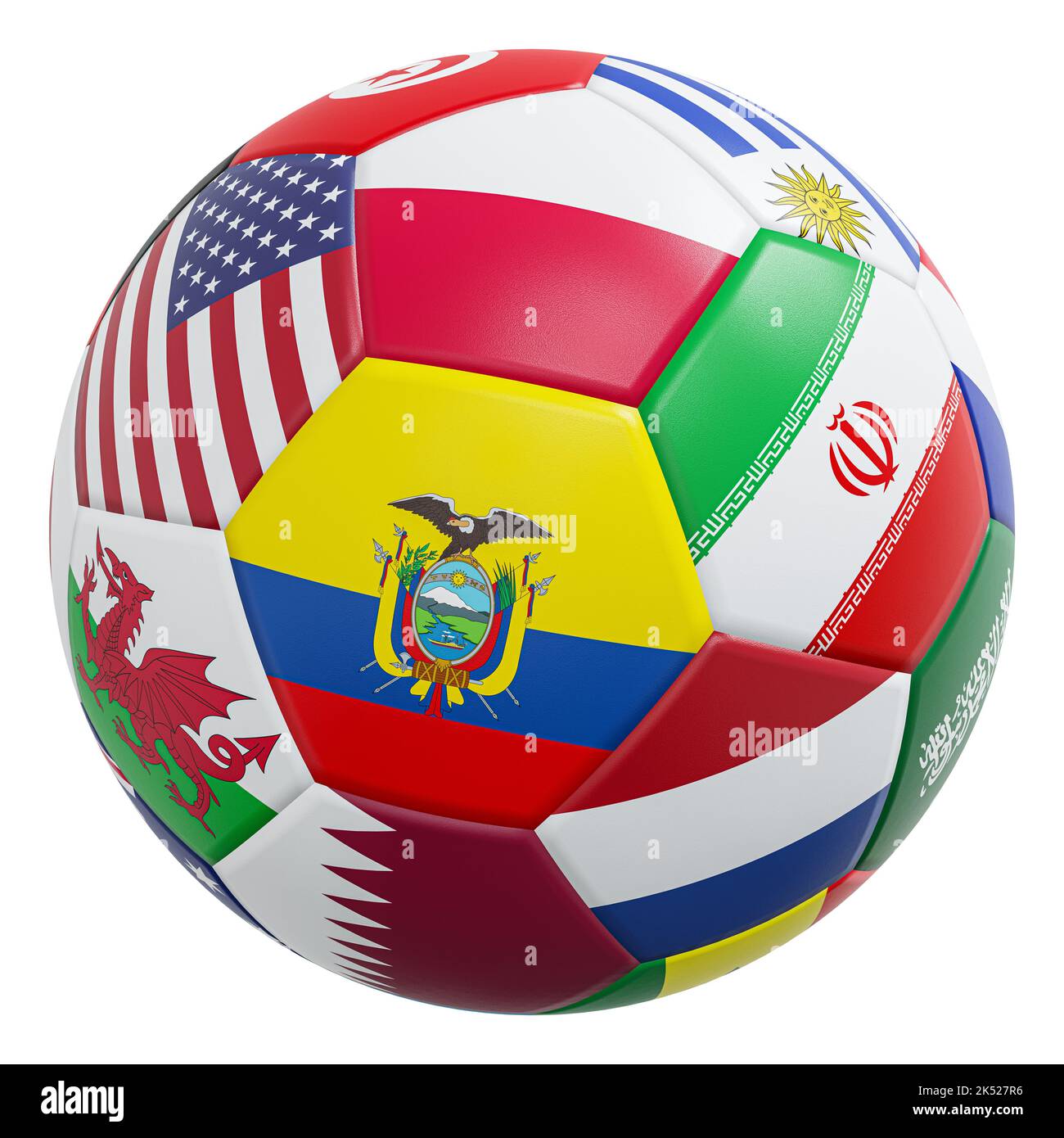 Fußball mit internationalen Flaggen-Muster und Lederstruktur. Isoliert . Eingebettete Beschneidungspfade . 3D Rendering . Stockfoto
