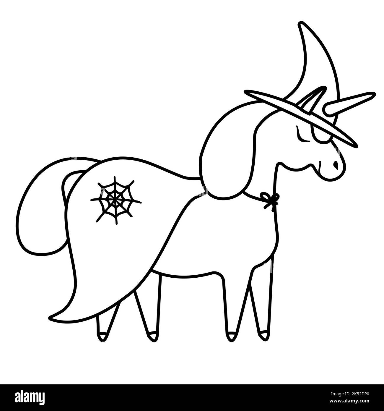 Vektor Hand gezeichnet flachen Umriss Hexe Halloween Einhorn isoliert auf weißem Hintergrund Stock Vektor