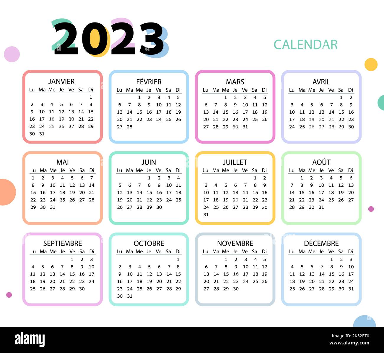 Taschenkalender auf 2023 Jahr, Französisch. regenbogen horizontaler Kalender. Die Woche beginnt ab Montag. Vektorvorlage für Unternehmen. Stock Vektor