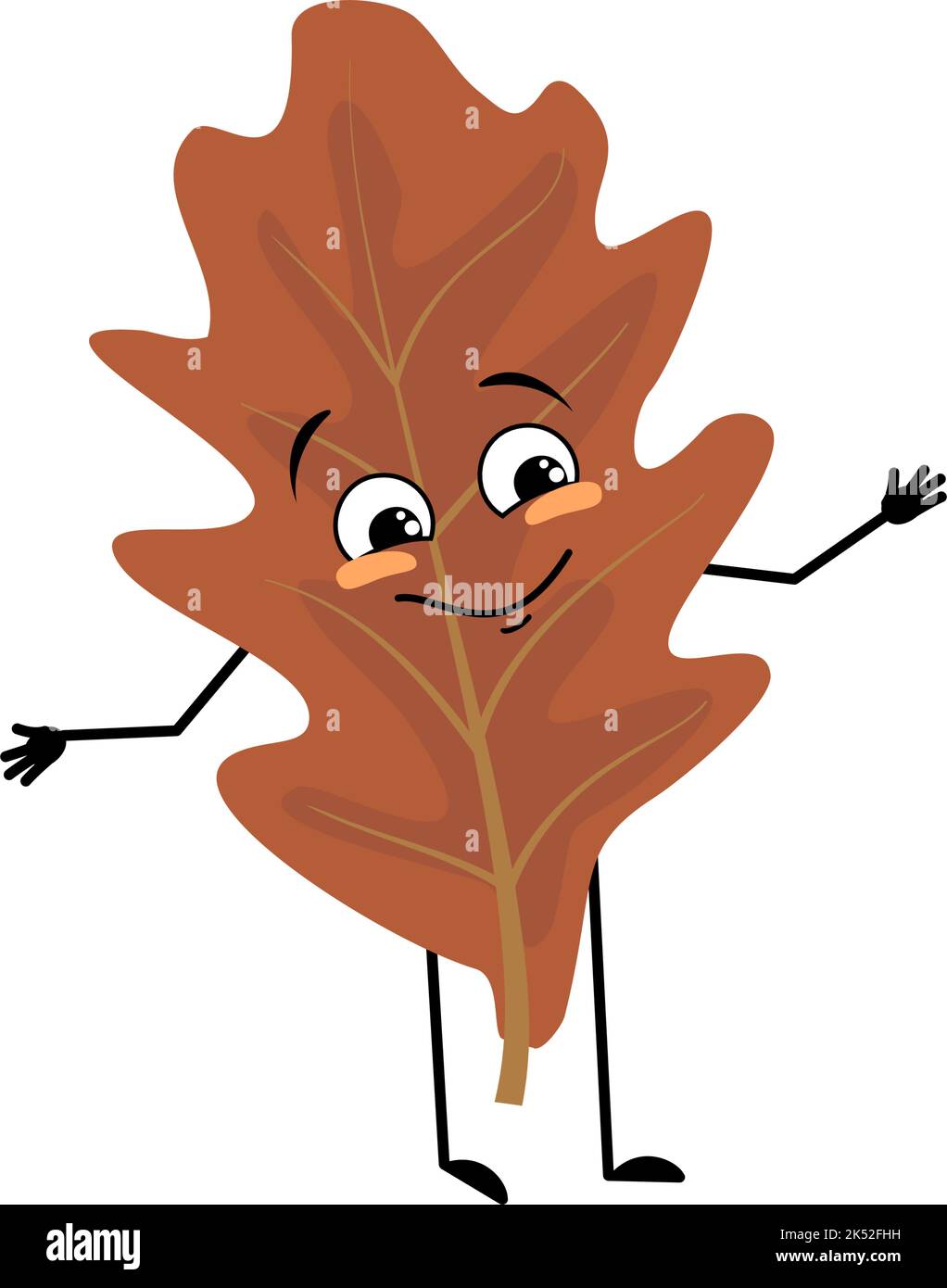 Eichenblatt-Charakter mit fröhlichen Emotionen, Lächeln im Gesicht, glücklichen Augen, Armen und Beinen. Fröhliche Waldpflanze in herbstbrauner Farbe. Vektorgrafik flach Stock Vektor