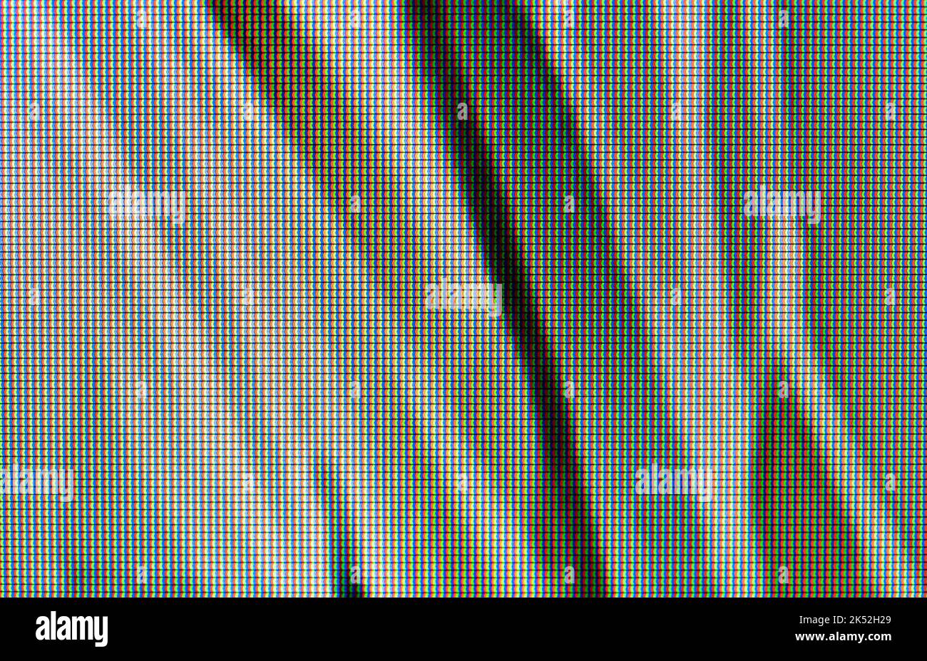 TV-Bildschirm RGB LCD-Display rot grün blau Pixel sichtbar, Makro, extreme Nahaufnahme, grün abstrakten Hintergrund Textur, niemand, keine Menschen, Vollformat. Liq Stockfoto