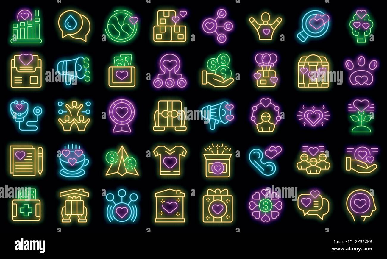 Symbole für Großzügigkeit legen einen Umrissvektor fest. Spenden Sie Essen. Charity Volunteer Vektor Neon Stock Vektor