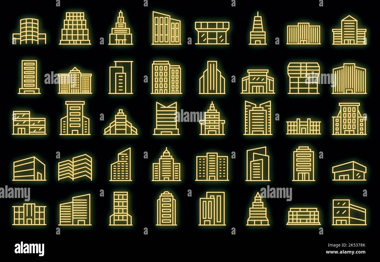 Symbole für das Business Center legen einen Gliederungsvektor fest. Hausarchitektur. Zentrale Stadt Vektor Neon Stock Vektor