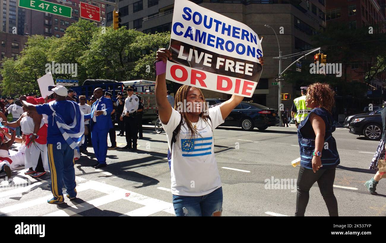 New York City, New York, USA - 22 2017. September: Von den Vereinten Nationen hält ein Demonstrator ein Schild mit der Aufschrift: „Südkameruner leben frei oder sterben“. Stockfoto