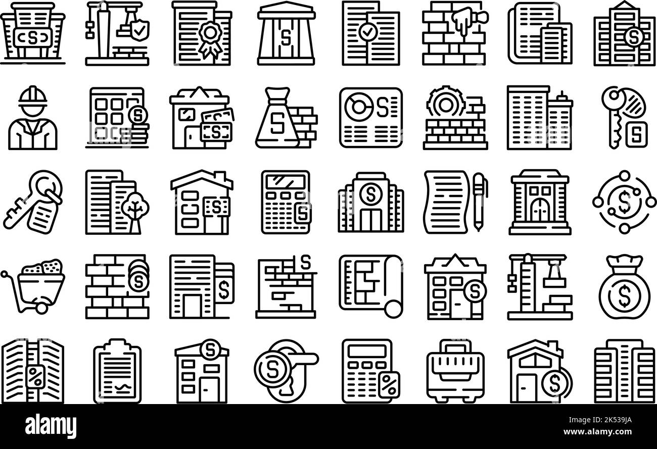 Symbole für Baukostenzuschüsse legen den Umrissvektor fest. Finanzwesen öffentlich. Hilfsbudget Stock Vektor