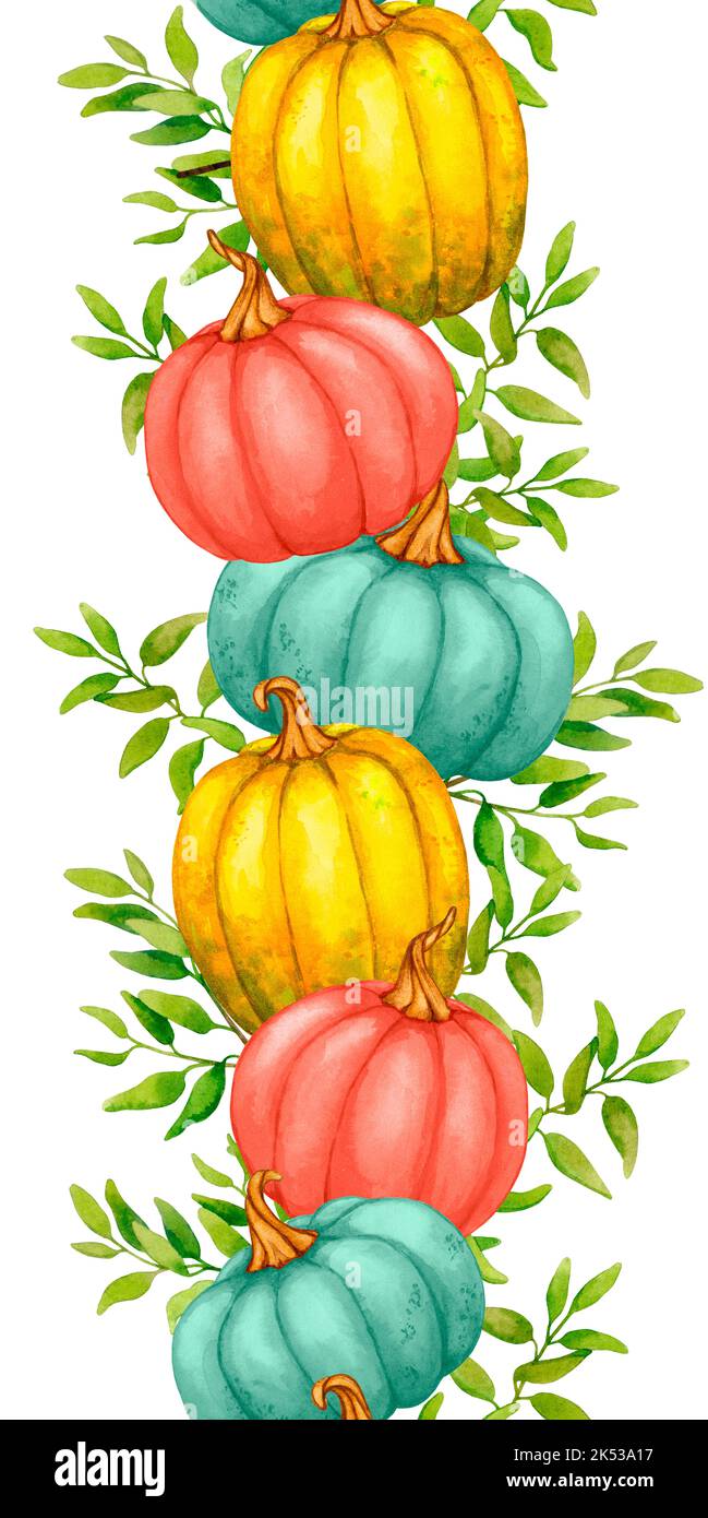 Vertikale nahtlose Grenze mit Kürbissen und Laub. Aquarell Clip Art. Herbstdesign für Halloween, Thanksgiving, Erntefest, Herbstdesign el Stockfoto