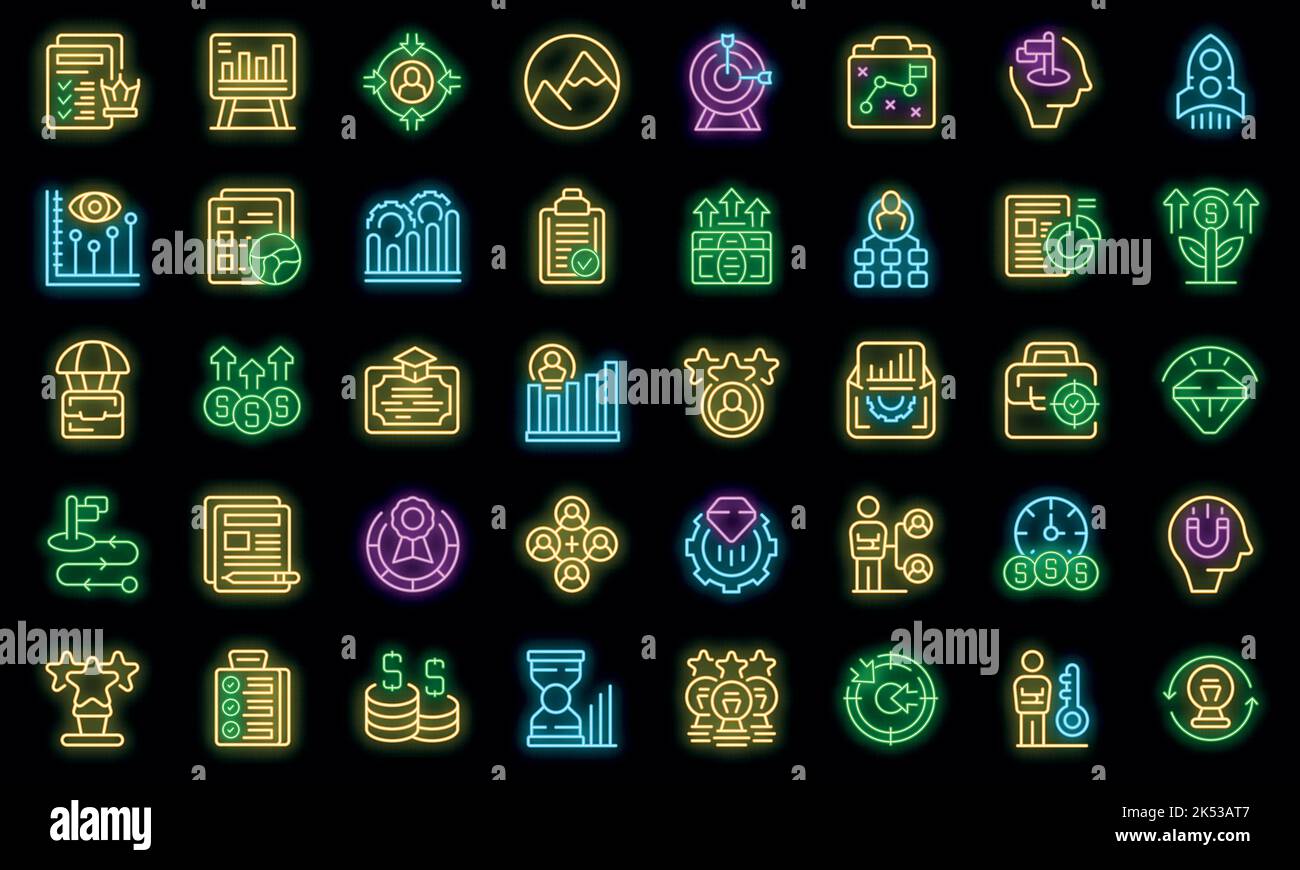 Symbole für das Business Center legen einen Gliederungsvektor fest. Hausarchitektur. Zentrale Stadt Vektor Neon Stock Vektor