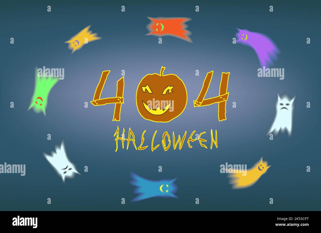 Halloween Kürbis mit der Nummer 404 und fliegenden Geistern. Stock Vektor