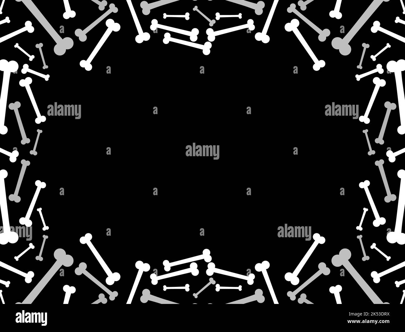 Halloween Rahmen aus Knochen. Vintage Knochenrahmen für den Tag der Toten. Weiße Knochen auf schwarzem Hintergrund. Entwerfen Sie eine Vorlage für Einladungen, leafl Stock Vektor