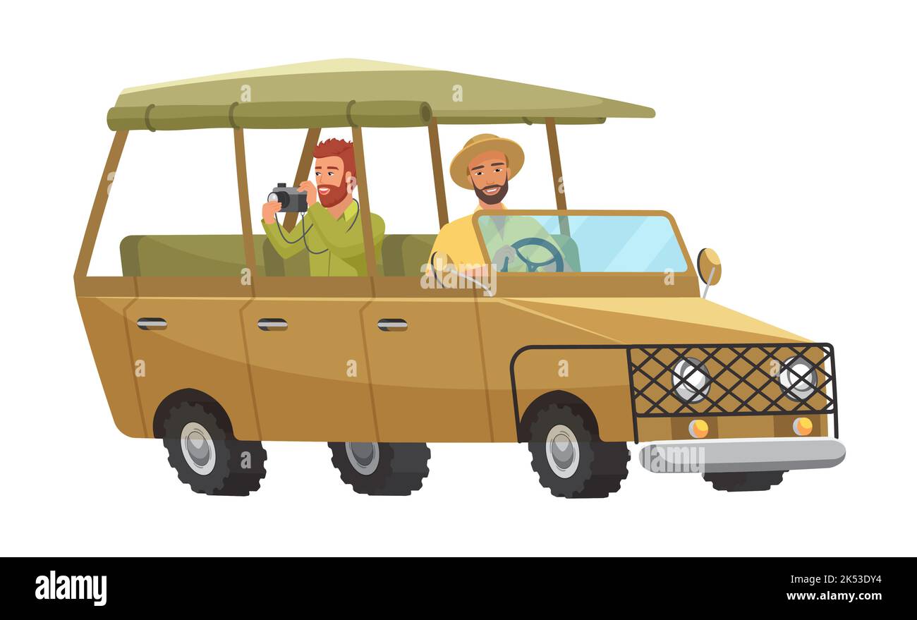 Menschen in Safari-Tour-Auto, Reisende fahren Auto Fahrzeug isoliert Vektor-Illustration Stock Vektor