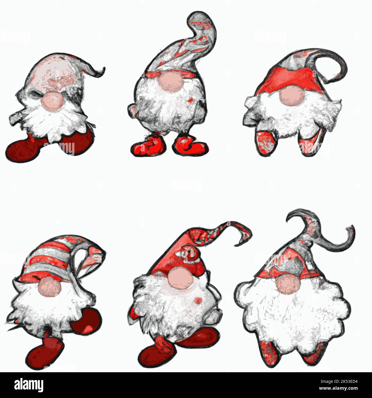 Lustige Zwerg-Weihnachtsmann-Figuren mit verschiedenen Hüten, isoliert auf einem leeren weißen Hintergrund Stock Vektor