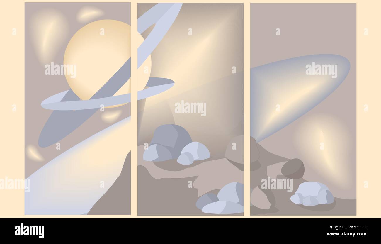 Bunte Postkarte von drei Bildern mit einem Bild der Landschaft des Planeten Stock Vektor