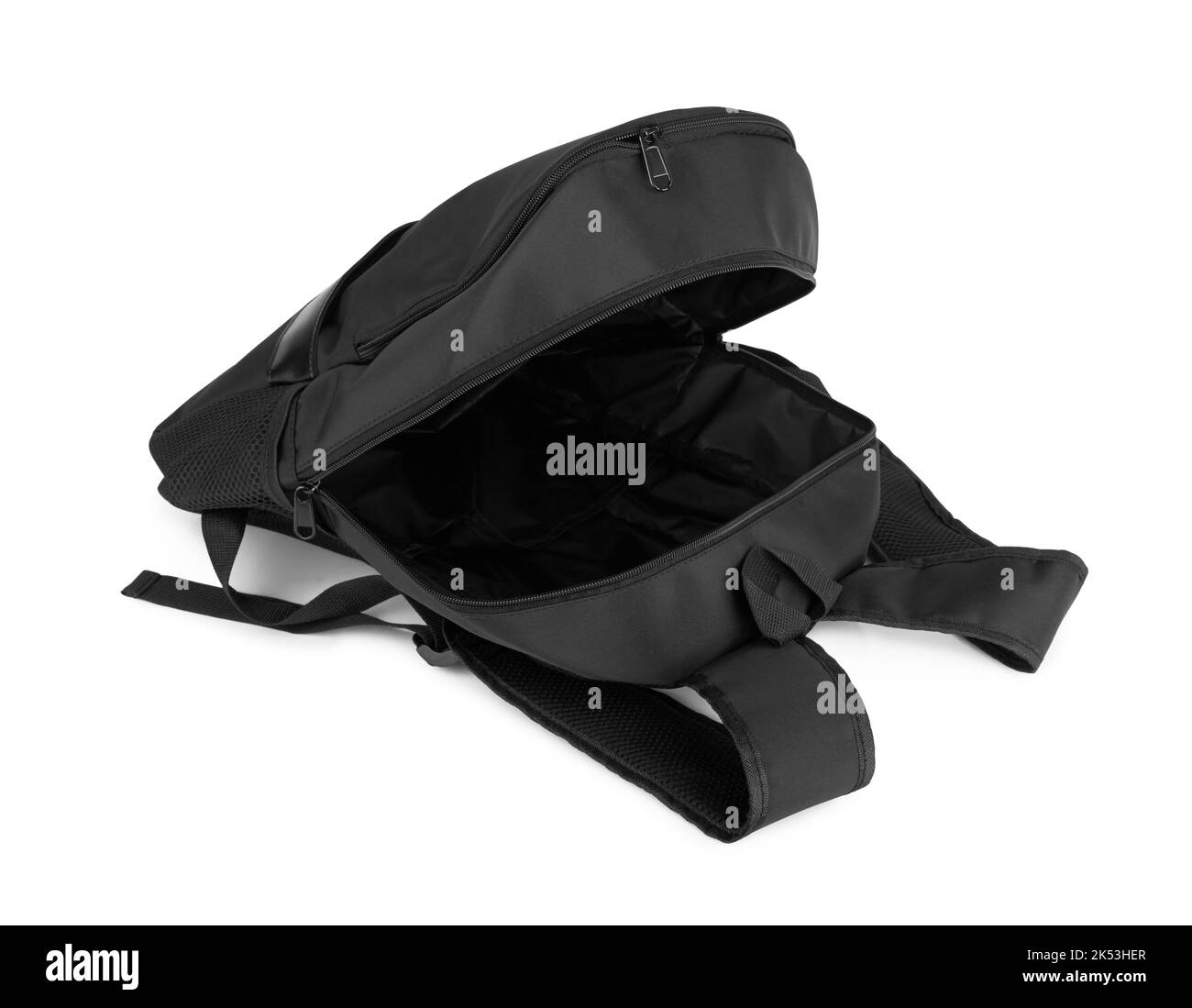 Schwarzer Rucksack für Travel Isolate auf weißem Hintergrund Stockfoto
