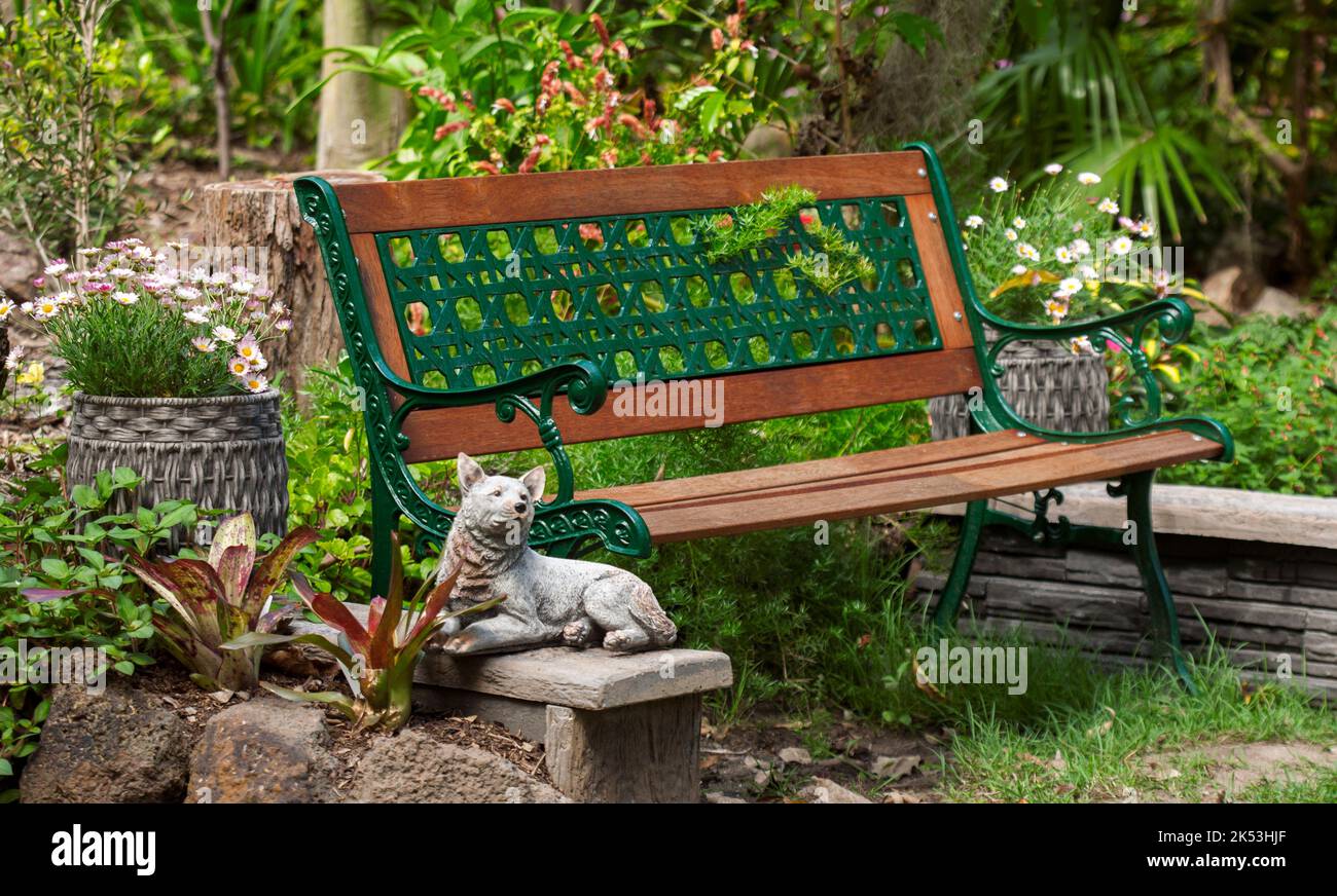 Dekorative Bank aus Schmiedeeisen und Holz, umgeben von einem üppigen Garten mit Blumen, in Australien Stockfoto