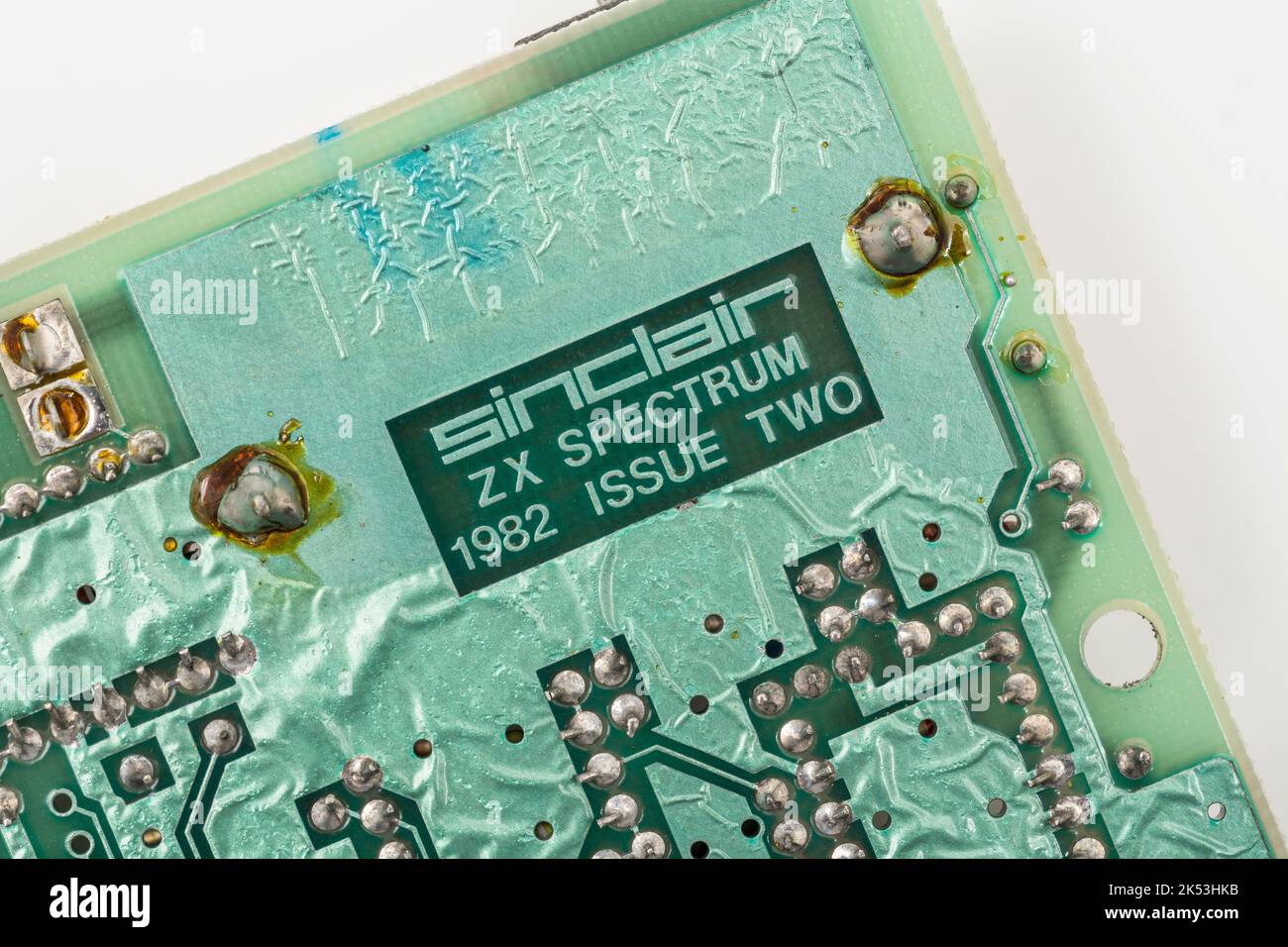 Grüne Hauptplatine des 1982 Sinclair ZX Spectrum [Ausgabe zwei 16k]. Für frühe Computer. Heimcomputer, britische Computer, PCB-Verzinnung Wellen defekt. Stockfoto