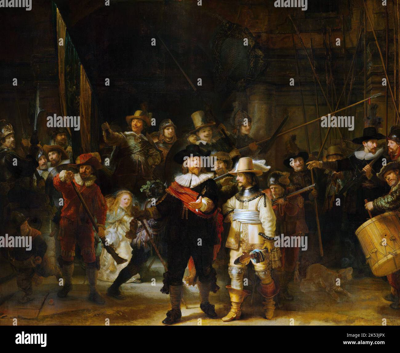 Die Nachtwache oder die Milizgesellschaft von Kapitän Frans, die Cocq Verbot, 1642. Gemälde von Rembrandt Stockfoto