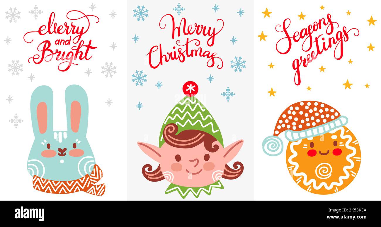 Set von vertikalen weihnachtskarten mit niedlichen Kaninchen, santas Elf und Lebkuchen Mann Vektor-Illustration. Weihnachtsschriftzug. Für Druck, Design, Stoff, Stock Vektor