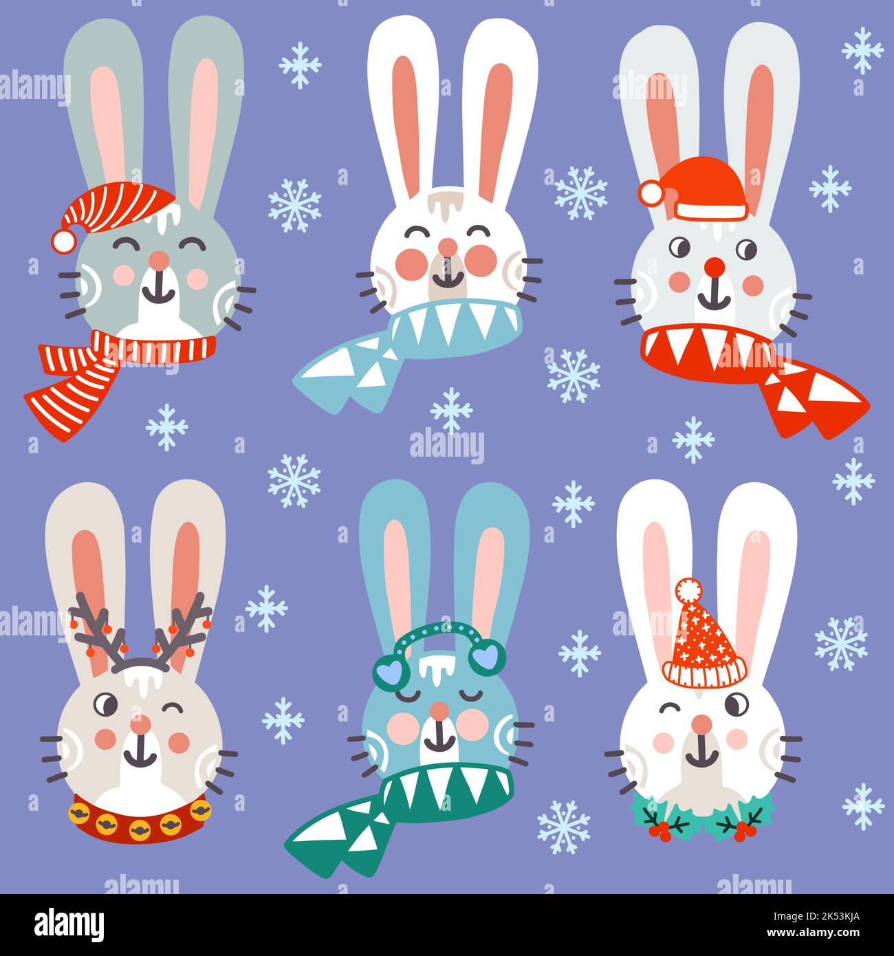 Satz isolierter Zeichen. Weihnachten niedlichen Kaninchen Köpfe in Hüten und Schals Vektor-Illustration. Designvorlagen. Für Druck, Stoff, Porzellan, Bett Stock Vektor