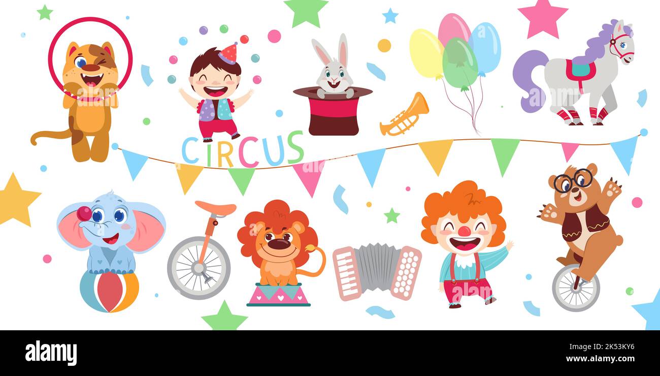Set von Cartoon glückliche Künstler, lustige Darsteller Tiere und Dekoration im Vergnügungspark oder Zirkus. Jongleur, Clown, Elefant auf Ball, Bär auf dem Fahrrad, Löwe auf der Bühne, Kaninchen im Zauberhut zeigen Karneval. Stock Vektor