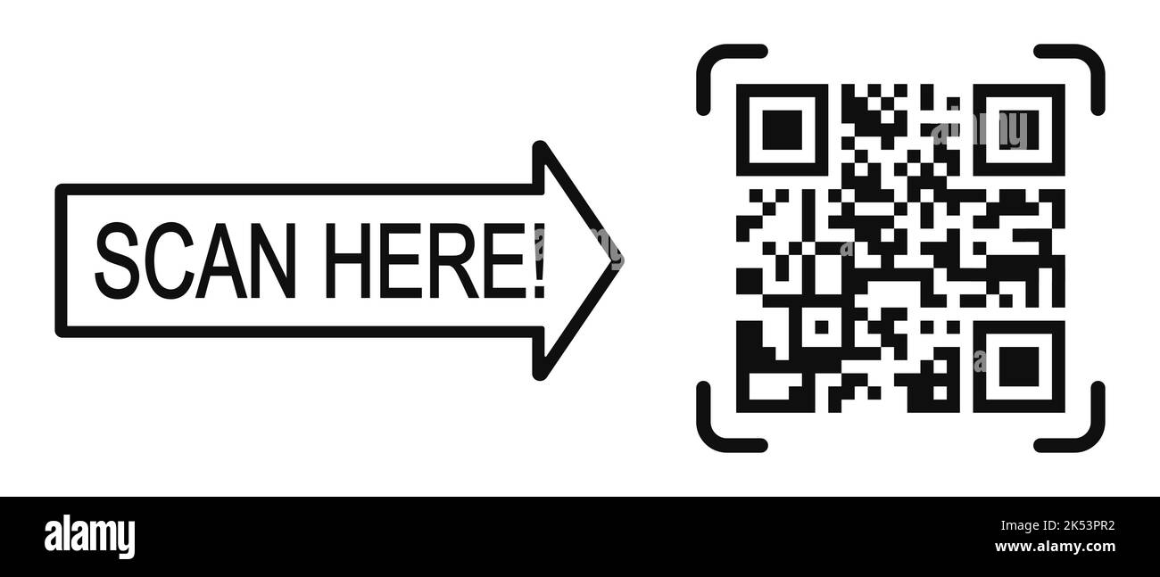 Hier Vorlage mit QR-Code-Piktogramm scannen. Quick-Responce Matrix-Barcode mit Smartphone-Kamera lesbar. Digital lebel mit Produktinformationen. Vektorgrafik Stock Vektor