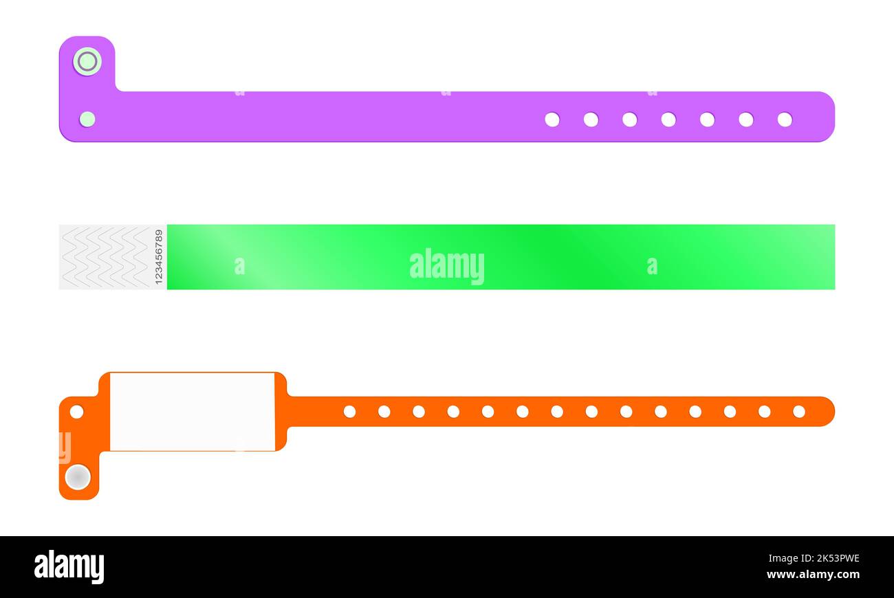 Set aus Kunststoff und Papier Event Armbänder. Eintrittsarmband Vorlage für Konzert, Festival, Kino, Party, Karneval, Eingang zur Ausstellung. Modell mit Handband zur Patientenidentifikation. Vektorgrafik Stock Vektor