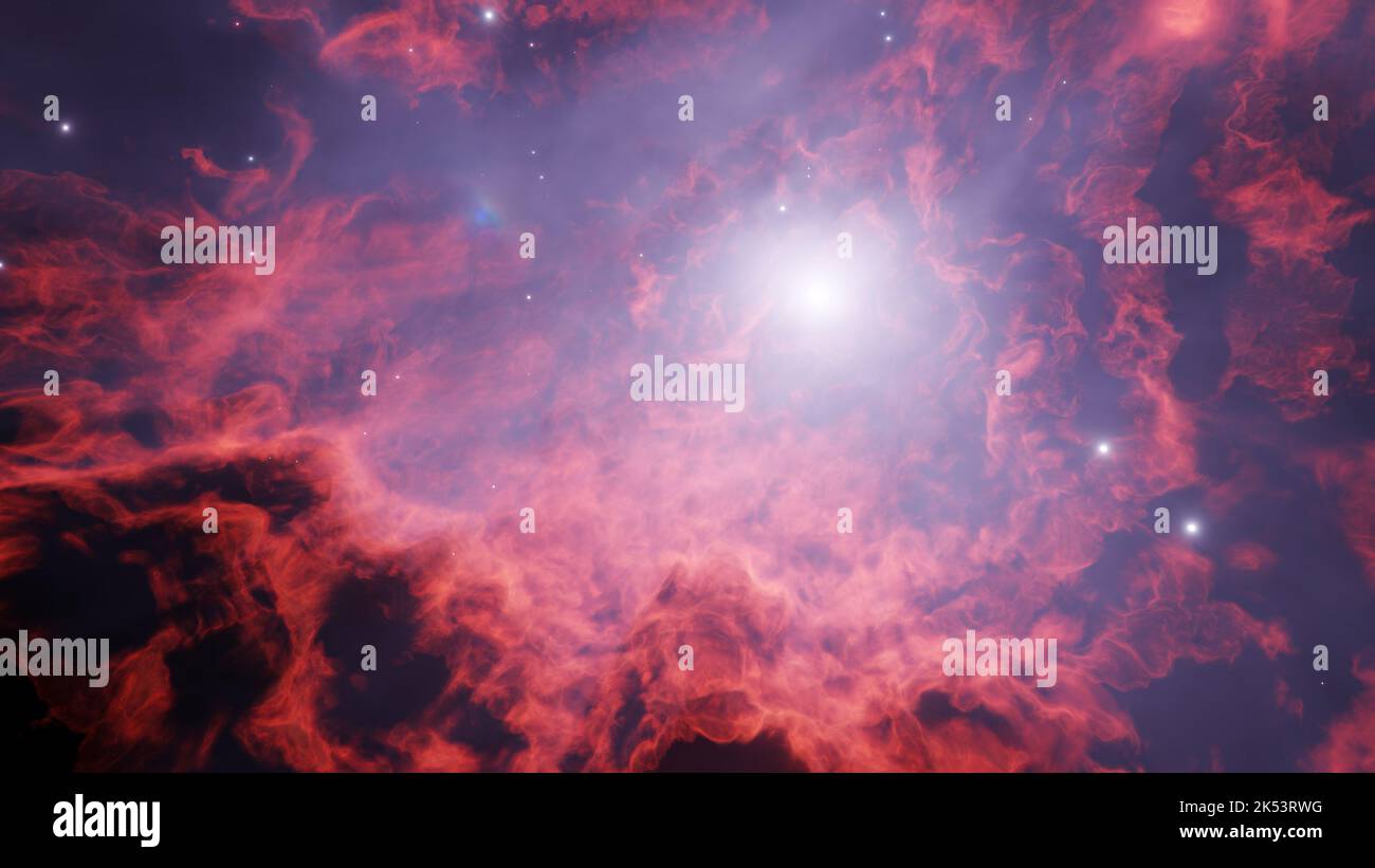 Roter Nebel Hintergrund. Weltraum, kosmische Landschaft. 3D Rendern. Stockfoto