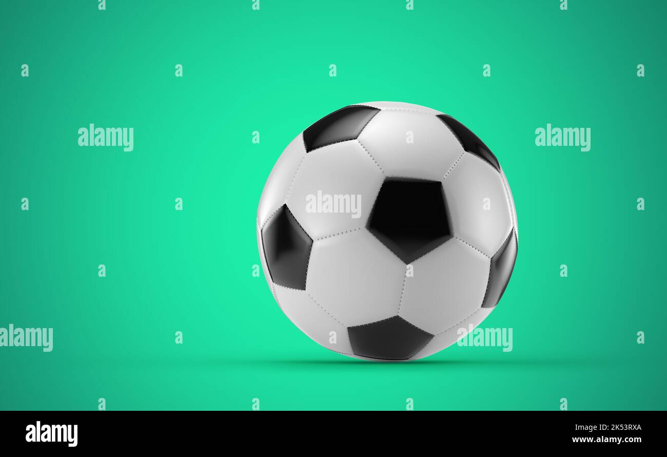 Fußball auf grünem Hintergrund, 3D Rendering. Stockfoto