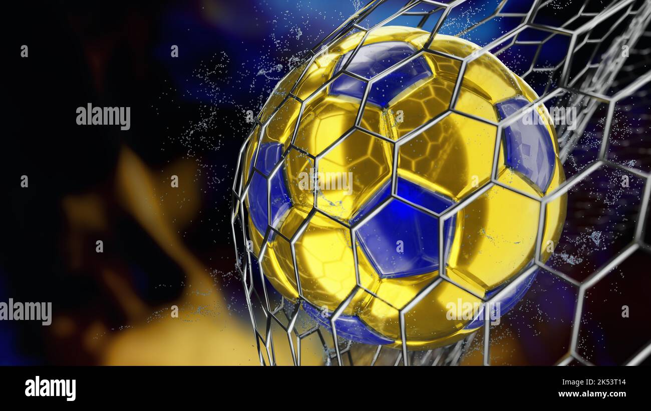 Tor des goldenen und blauen Fußballs im Tor auf schwarzem Hintergrund. 3D Rendern. Stockfoto