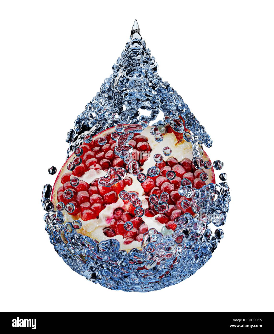 Granatapfel im Wasser spritzt in Form von Tropfen mit Clipping-Pfad auf weißem Hintergrund. 3D Rendern. Stockfoto