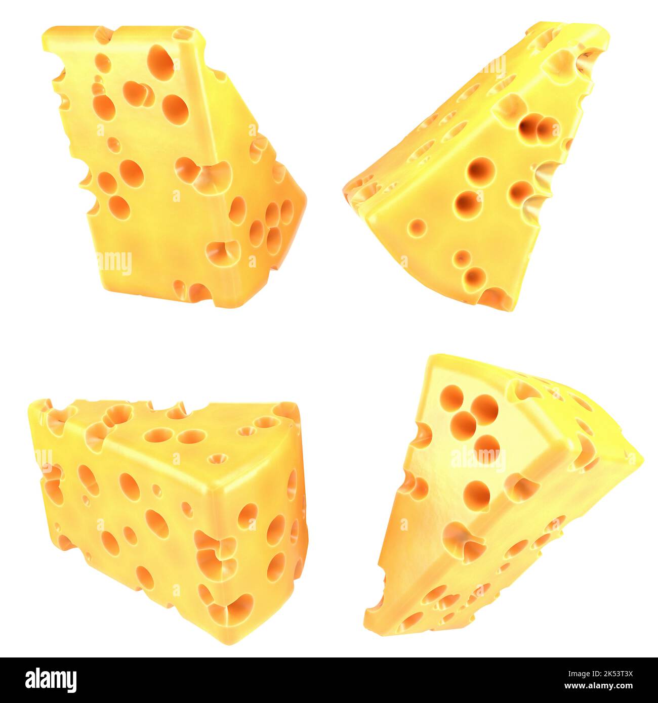 Ein Stück Käse isoliert auf weißem Hintergrund. 3D Rendern. Stockfoto