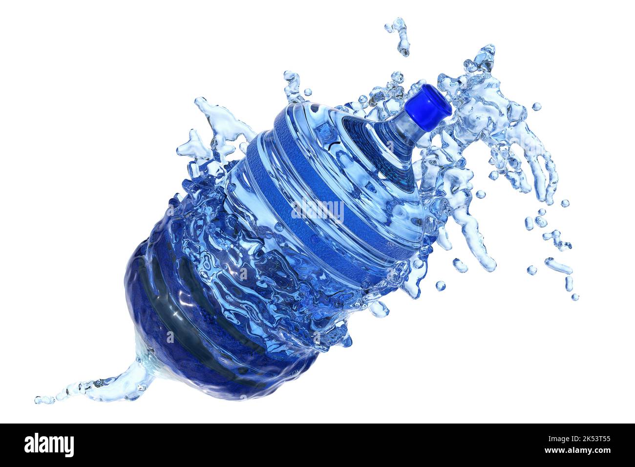 Große Wasserflasche im Wasser Spritzer isoliert auf weißem Hintergrund. 3D Rendern. Stockfoto