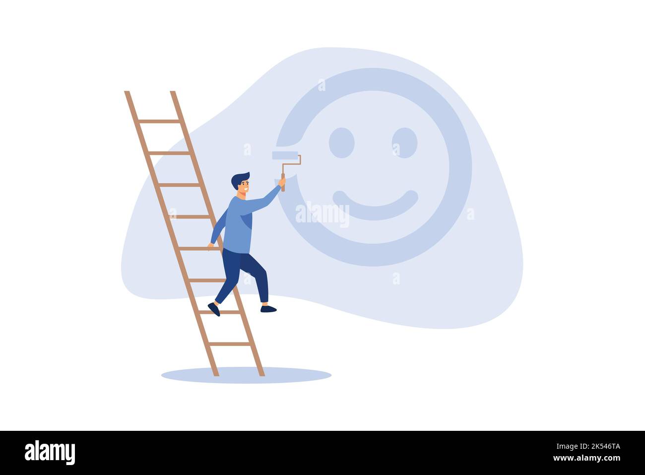 Glück und positives Denken, Optimismus oder Motivation, glückliches Leben zu leben Konzept, glücklicher Junge klettern Leiter zu malen Lächeln Gesicht an die Wand. Stock Vektor