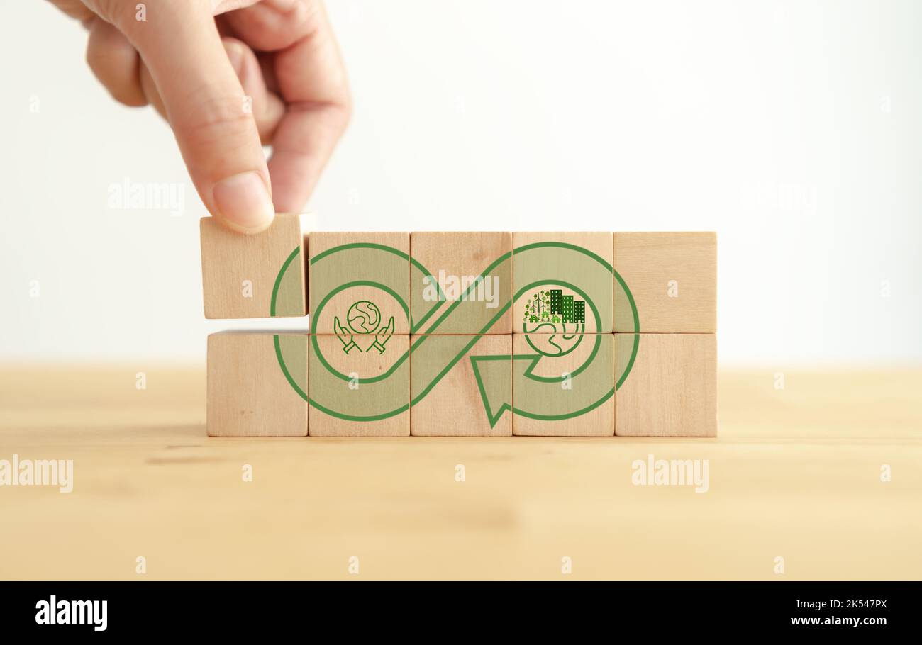 Green Eco Unendlichkeit, Netto Null, Kreislaufwirtschaft, erneuerbare Energie und Save World Konzept. Nachhaltige Entwicklung. Hand setzt Holzwürfel mit grünem e Stockfoto
