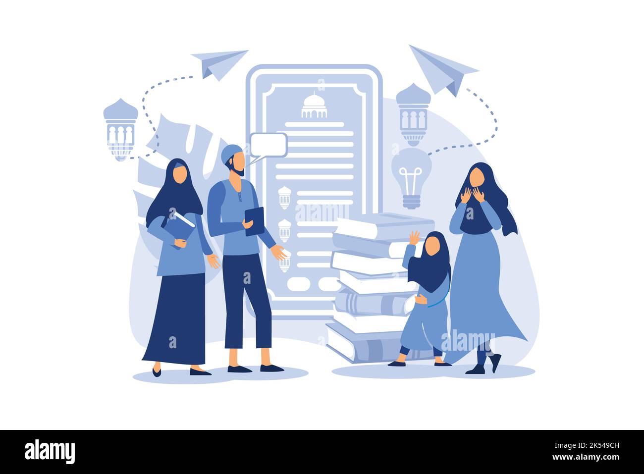 Flache Vektor-Cartoon-Illustration ramadhan Kareem. Besitzer stellt die Anwendung des Lesens Lernen E-Quran online, Frauen dankbar und beten. Hand h Stock Vektor