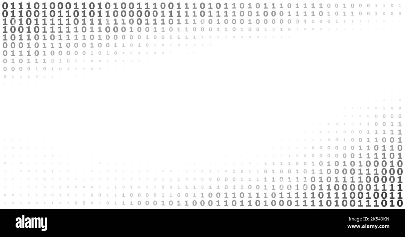Binärer Schwarzweiß-Hintergrund mit Einsen und Nullen mit Kopierraum. Digitales Vektorgrafikmuster Stock Vektor
