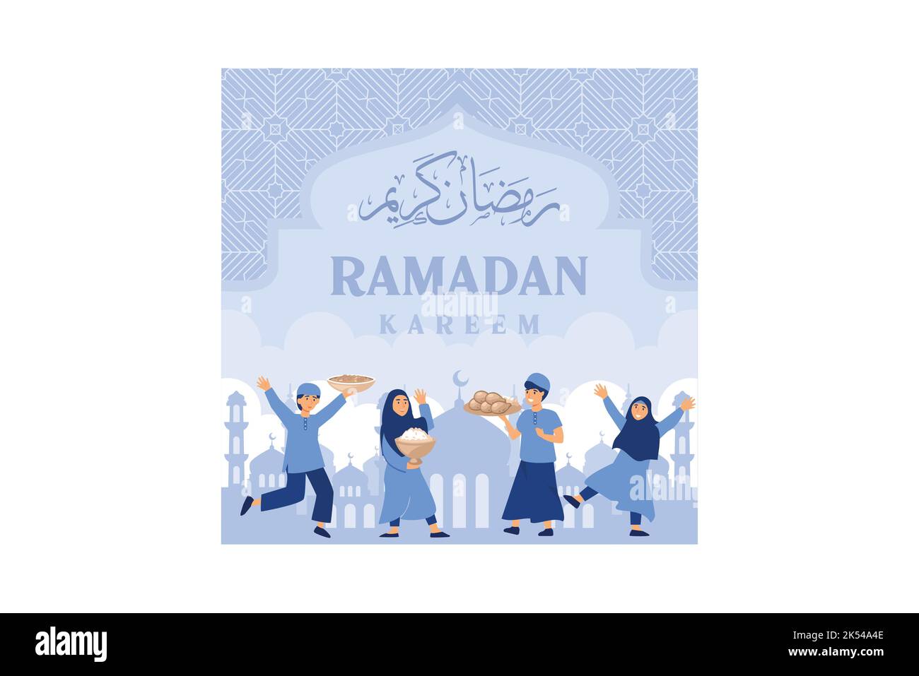 Iftar Essen nach dem Fasten Fest Party Konzept. Moslemisches Familienessen am Ramadan Kareem oder Eid mit Menschen-Charakter feiern. Stock Vektor