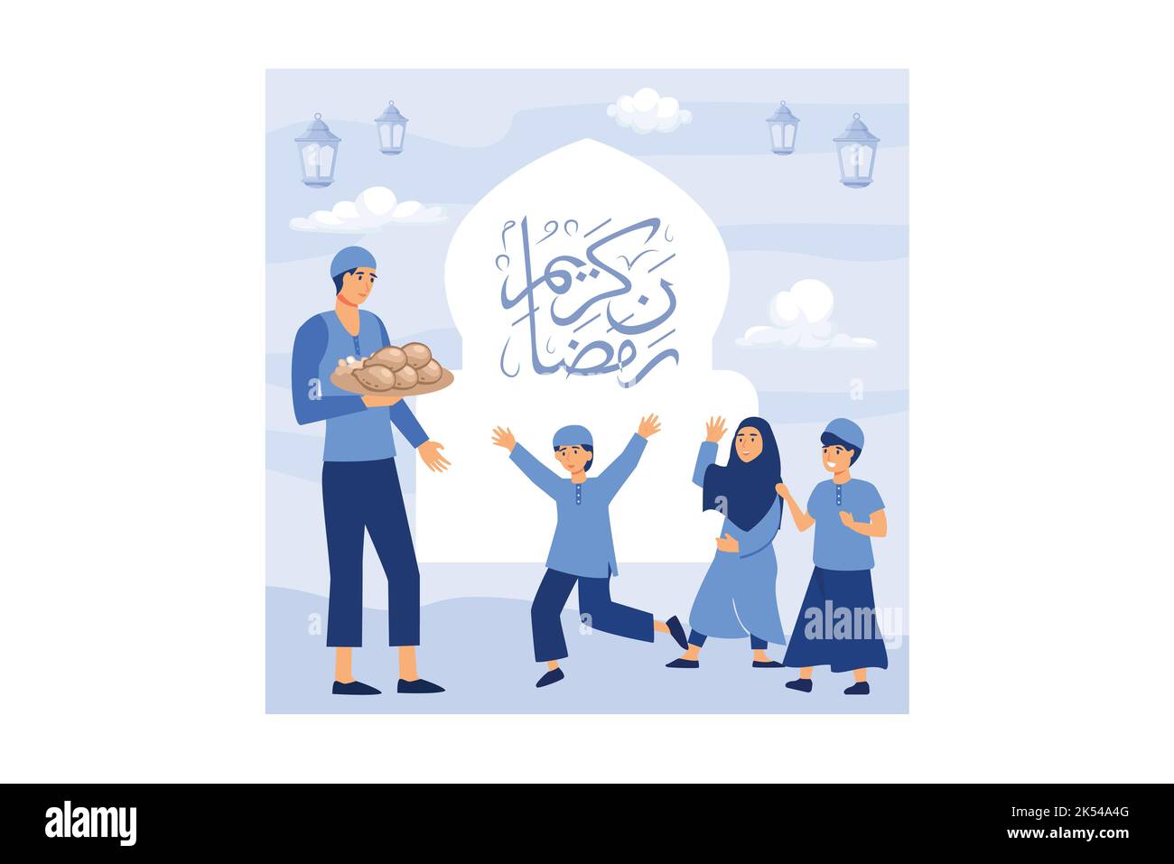 Iftar Essen nach dem Fasten Fest Party Konzept. Moslemisches Familienessen am Ramadan Kareem oder Eid mit Menschen-Charakter feiern. Stock Vektor