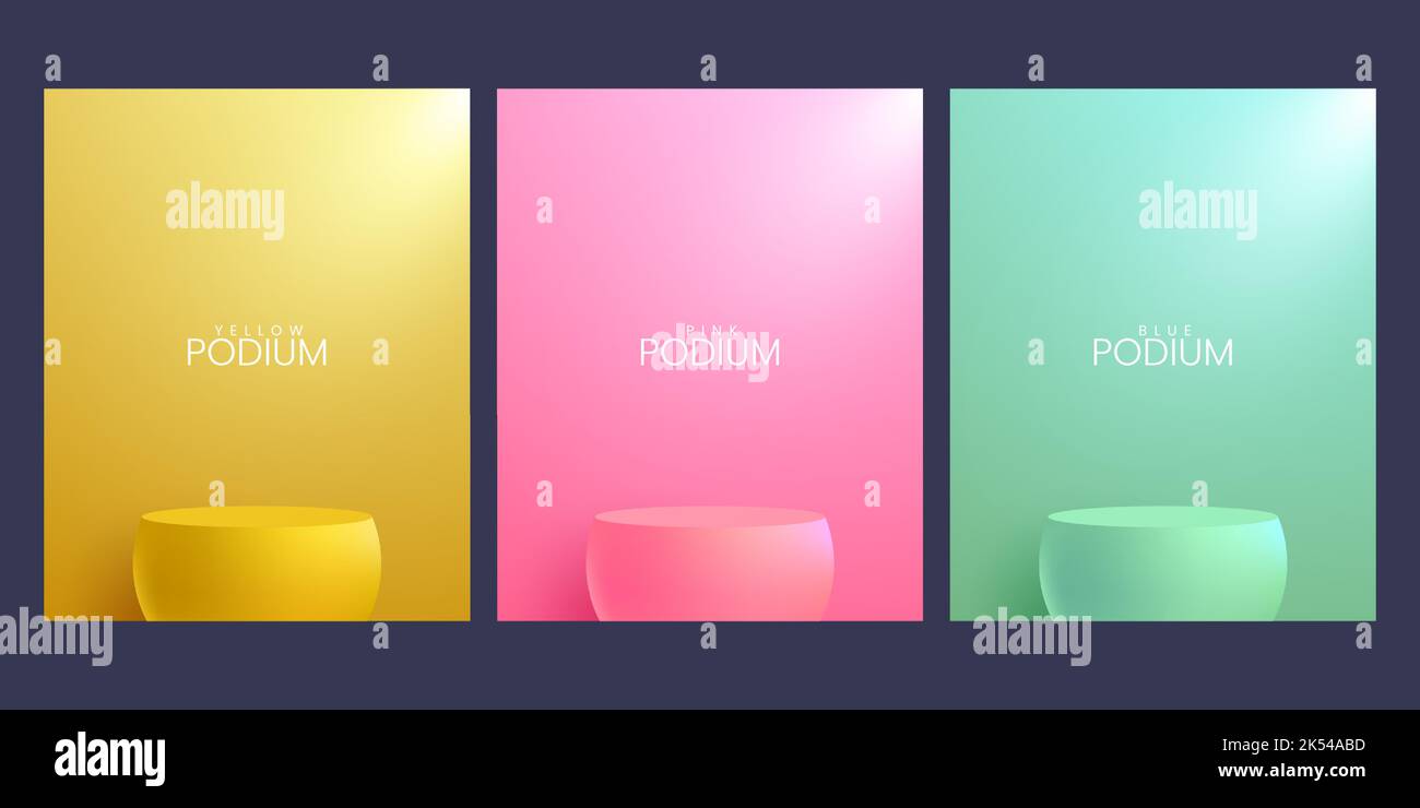 Set von realistischen bunten abstrakten 3D Zimmer mit gelben, weichen hellblauen und rosa Ständer oder Podium Stock Vektor