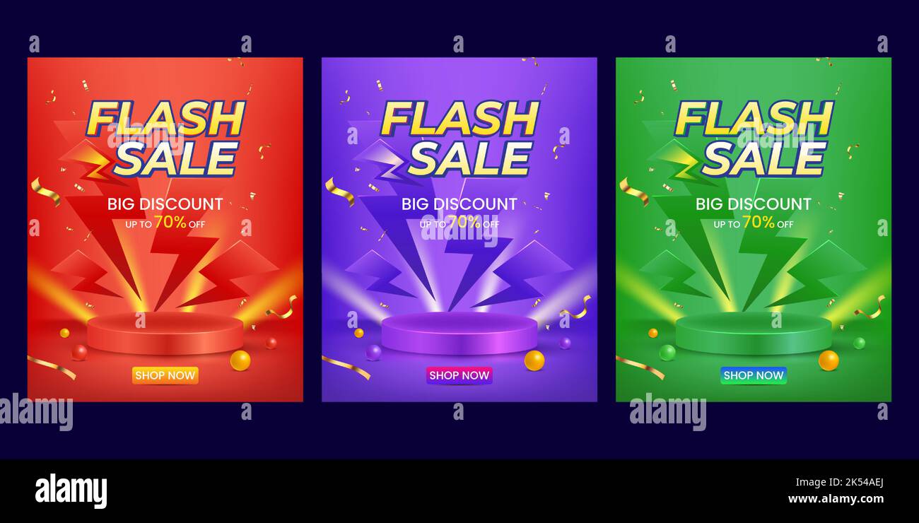 Flash-Verkauf Online-Shopping rot orange blau grün Banner mit Podium für Social-Media-Post Stock Vektor