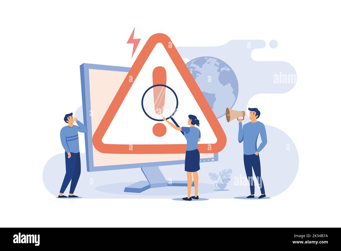 Winzige Leute, die Betriebssystem-Fehler-Warnung auf Webseite isoliert flache Vektor-Illustration untersuchen. Cartoon Fehler und Alarm auf der Website. Computerdurchmesser Stock Vektor