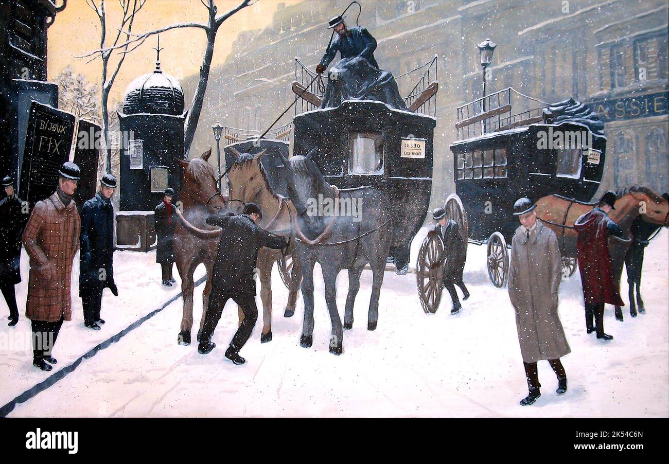 Vintage-Szene von Kutschen, Pferden und Männern, die an einem verschneiten Wintermorgen durch die verschneiten Straßen von Paris fahren. Stockfoto