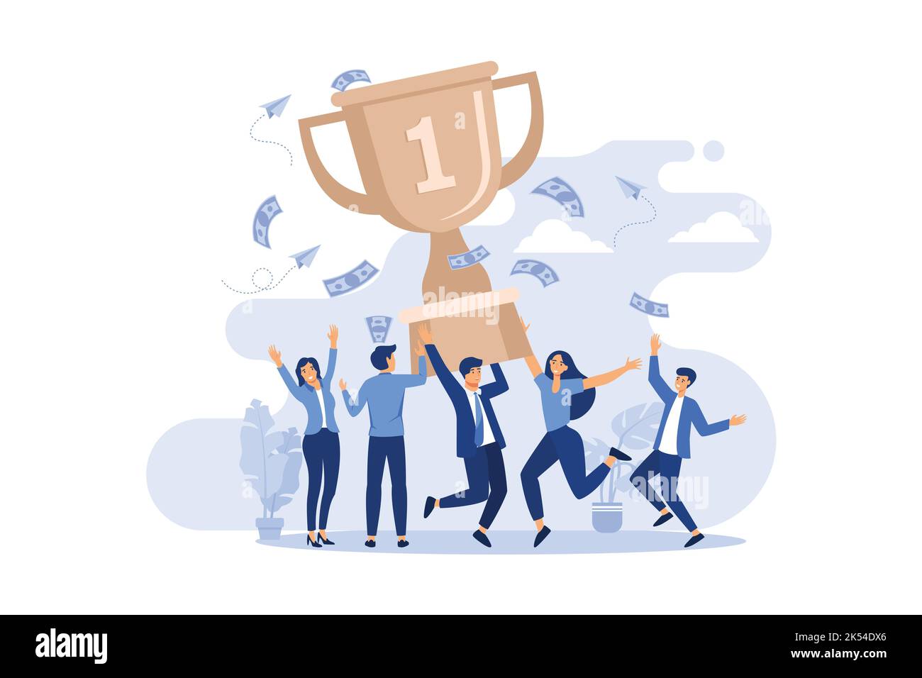 Team von winzigen Büroangestellte Mitarbeiter gewinnen Goldbecher flache Vektor-Illustration. Cartoon glückliche Charaktere mit Auszeichnung oder Trophäe. Flaches Design moderne illu Stock Vektor