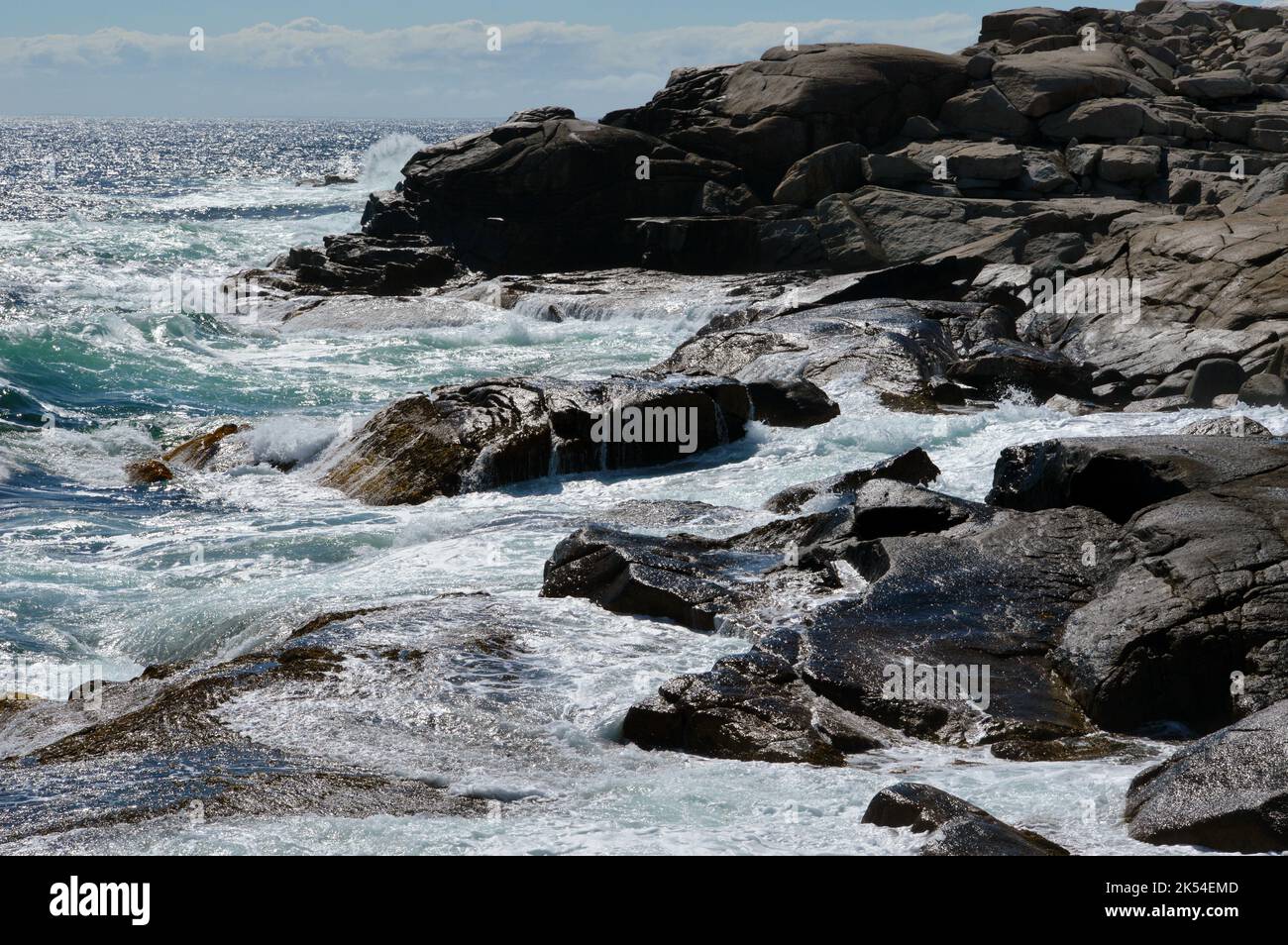 Schwarze Felsen entlang der Küste von Nova Scotia in der Nähe von Prospect, Nova Scotia Stockfoto