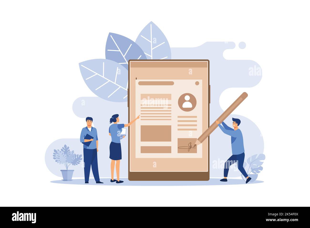 Elektronische Unterschrift, kleine Leute unterzeichnen ein Dokument, Financial Business Agreement. Webvertrag. Online-Dokument. Flaches Design moderne Illustration Stock Vektor