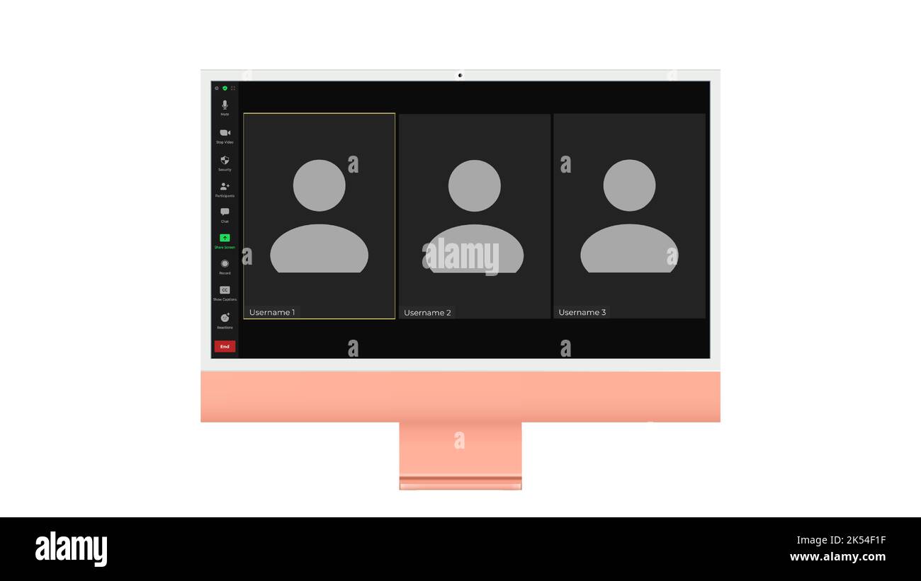 Benutzeroberfläche für Videokonferenzen, drei Benutzer. Overlay des Fensters „Videokonferenz-Anrufe“ auf dem Desktop, Elemente der Benutzeroberfläche des Videochats, Webinar, Online-Meeting Stock Vektor