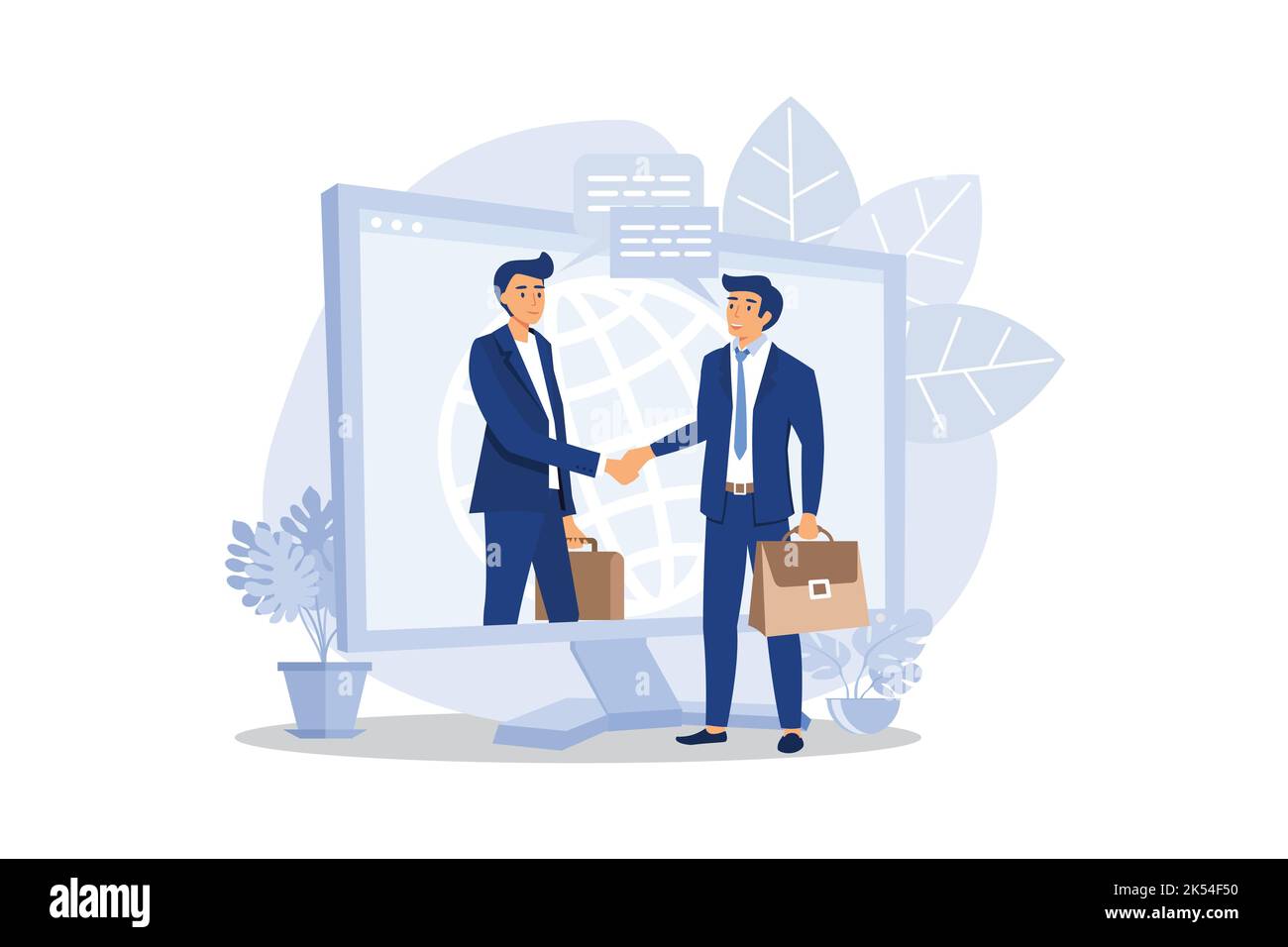 Online Abschluss der Transaktion. Die Eröffnung eines neuen Startups. Business-Handshake, per Telefon und Laptop. Flaches Design moderne Illustration Stock Vektor