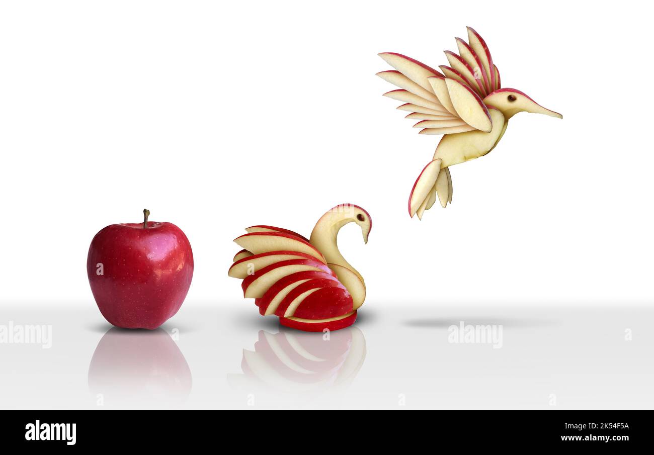 Kreative Entwicklung Erfolg Transformation und Transformation zum Erfolg oder Verbesserung Konzept als roter Apfel Transformation durch Innovation Stockfoto