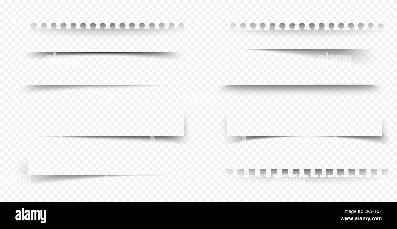 Schattenrahmen von Papier-, Notizbuch- und Notizbuchseiten. Ecken- und Linienschatteeffekte von Karten und Papierblättern mit abgerissenen Kanten, Vektor-realistische Einstellung isoliert auf transparentem Hintergrund Stock Vektor