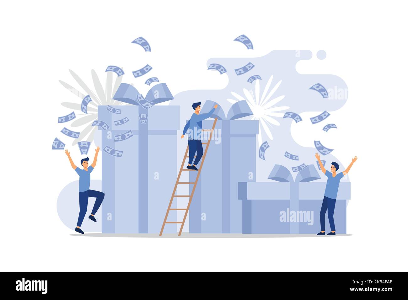 Glückliche Menschen, Mitarbeiter erhalten Geschenke, Online-Geschenke für gute Arbeit, Urlaub Unternehmen Auszeichnungen. Flaches Design moderne Illustration Stock Vektor