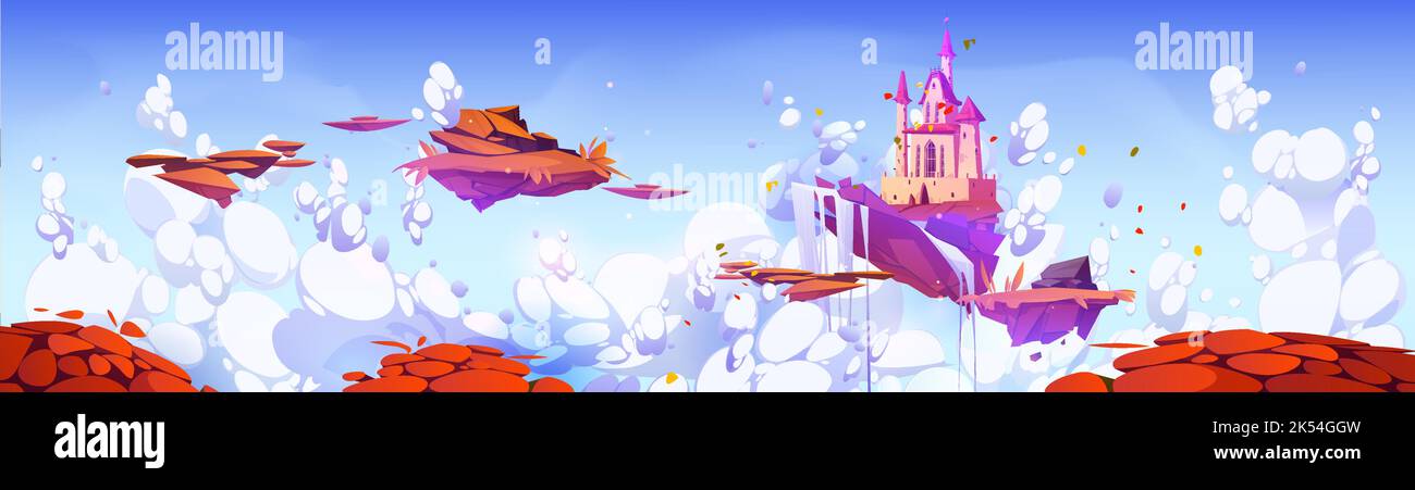 Magische Burg mit Wasserfall schwimmt auf der Insel in den Himmel. Cartoon-Illustration, Herbst Fantasy-Landschaft mit schönen Palast und Stücke von Land fliegen in flauschigen weißen Wolken. Abenteuer Spiel Hintergrund Stock Vektor